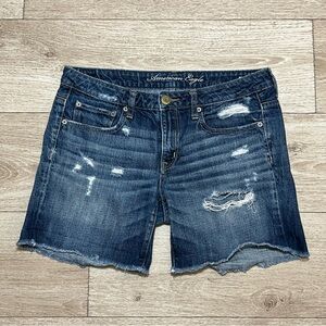 Vintage Y2K American Eagle AE Dark Blue Jean Shorts Sz 6 Destroyed Denim